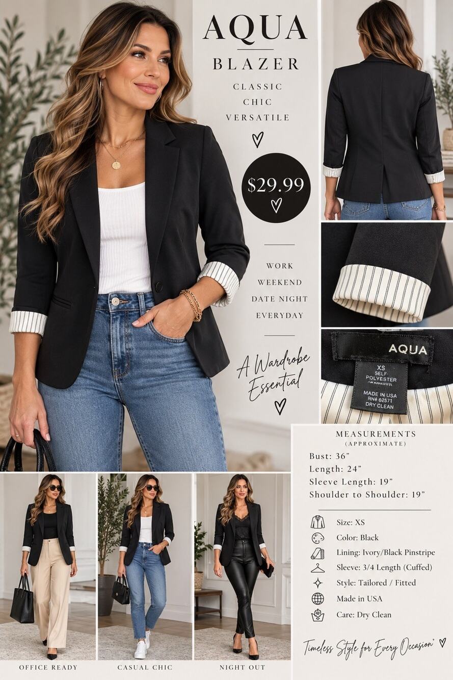 AQUA Women’s XS Black Blazer Pinstripe Lined 3/4 Sleeve Tailored Jacket
